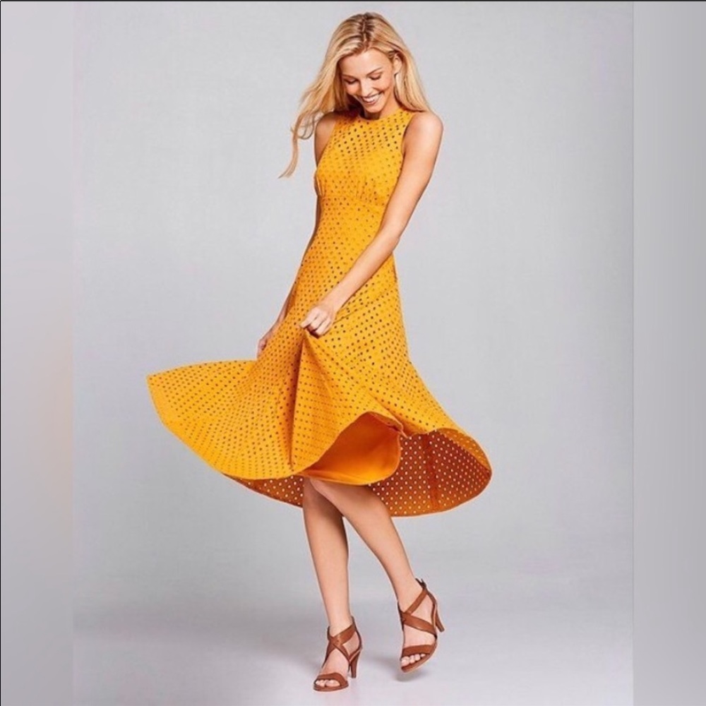 Adrianna Papell Sierra Marigold Eyelet Midi Dress